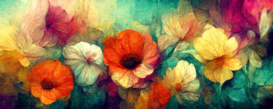 Colorful flower panorama background. Generative Ai
