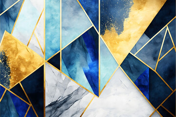 Gold Blue Marbel Background, Geometric Shape Watercolor Texture, Illustration generative ai - obrazy, fototapety, plakaty