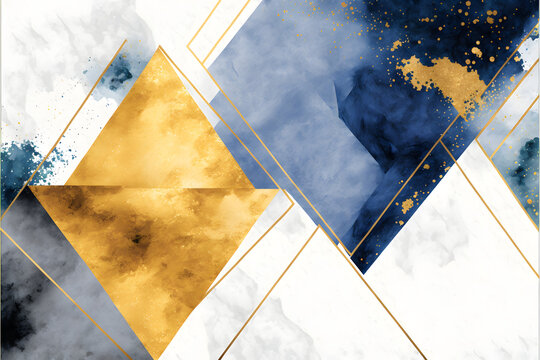 Gold Blue Marbel Background, Geometric Shape Watercolor Texture, Illustration generative ai