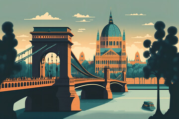 Naklejka premium Illustration of Széchenyi Chain Bridge, Budapest, Hungary. Generative AI.