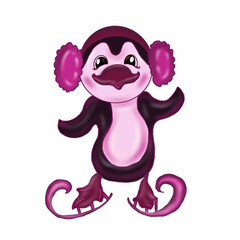 penguins,penguins in fur headphones,furry fur hat with bubo,skating,snowflakes,winter,flightless seabird,black,white,pink,red,crimson