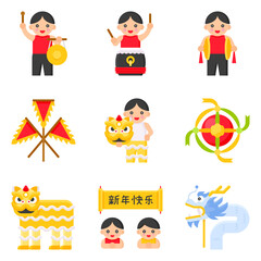 Lion dance related vector icon set