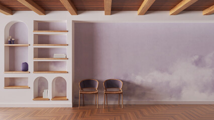 Waiting room interior design in white and violet tones with copy-space. Wooden ceiling, parquet...