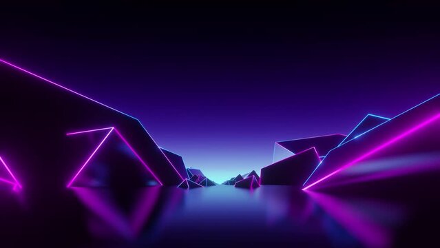 geometric box stripe neon landscape, pink blue colour, looped, cube geometric like a mountain, looped, camera fly through animate, 4k resolution.
