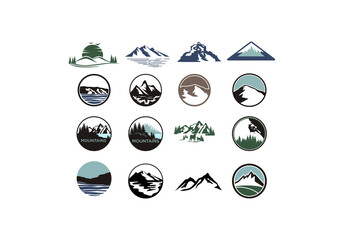 Mountain logo flat vector illustration set. logo stamp collection of rocky mountain top peaks, camping outdoor adventure
