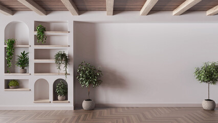 Empty room interior design in white and beige tones with copy-space. Bleached wooden ceiling and parquet floor. Shelves and niches with potted plants and tree - obrazy, fototapety, plakaty
