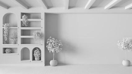 Total white project draft, empty room interior design with copy-space. Wooden ceiling and parquet floor. Shelves and niches with potted plants and tree