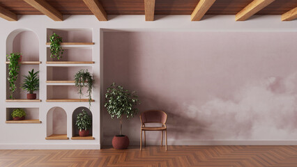 Waiting room interior design in white and red tones with copy-space. Wooden ceiling, parquet floor and wallpaper. Shelves with potted plants and rattan chair