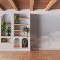 Empty room interior design in white and blue tones with copy-space. Wooden ceiling, parquet floor and wallpaper. Shelves and niches with potted plants ad bonsai