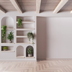 Empty room interior design in white and beige tones with copy-space. Bleached wooden ceiling and parquet floor. Shelves and niches with potted plants ad bonsai - obrazy, fototapety, plakaty