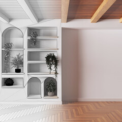 Architect interior designer concept: hand-drawn draft unfinished project that becomes real, empty room with copy-space. Shelves and niches with potted plants ad bonsai