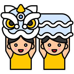 Silver lion dance with dancers icon, Lion dance related vector