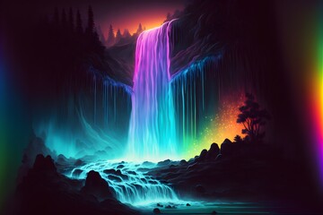 A neon-lit waterfall, generative ai 