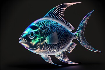 A neon-lit silver fish on dark background, generative ai 