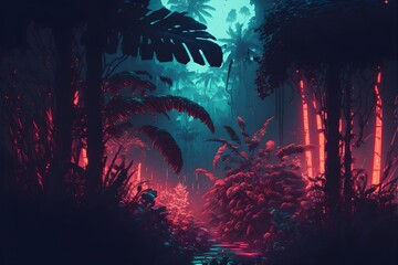 A neon-lit tropical jungle, generative ai