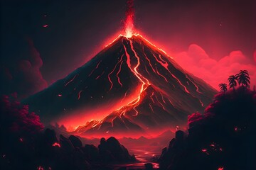 A red neon-lit erupting vulcano, generative ai