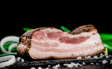 Delicious lard on a stone board with onions and spices. 