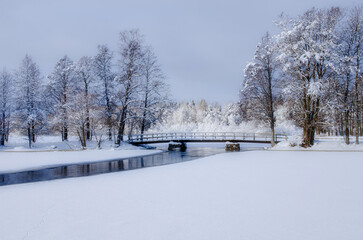 Frosty morning in a wintry river landscape. Farnebofjarden national park in north of Sweden.