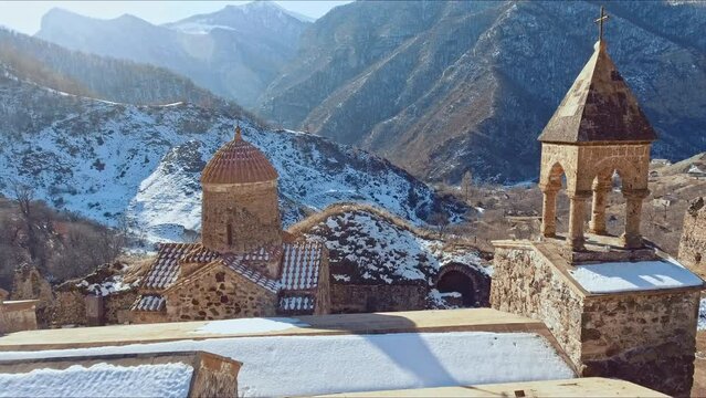 Drone View Of Georgian Orthodox Monastery Jvari In Mtskheta, Georgia. Rivers Mtkvari And Aragvi In Background. aerial arc shot