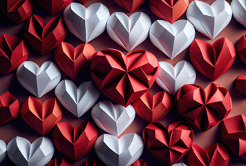 Papercut red and white hearts origami background. Love story and Valentines day wallpaper concept. Generative AI