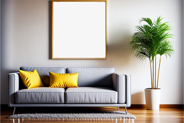 Mockup square frame living room home interior elegant modern furnishing, couch and cushion, yellow and white colors. Generative AI