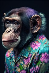Majestic chimpanzee wearing a vaporwave fluo Hawaiian shirt. Generative AI