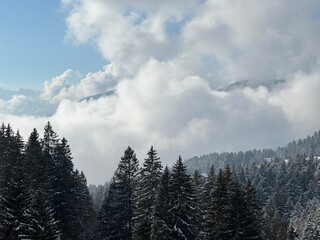 Beautiful low winter clouds and fog condensation in the Swiss Alps during a polar cold snap, Amden - Canton of St. Gallen, Switzerland / Schweiz