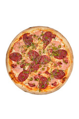 pizza with ham, sausage and gherkins isolated on white