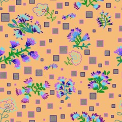 Seamless pattern of bouquets of abstract flowers and squares with texture on a yellow background for textile.