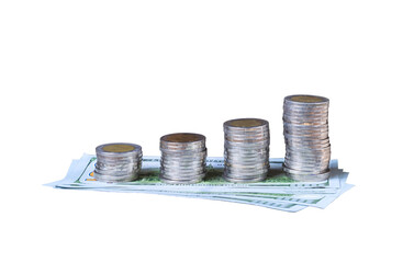 Columns of coins stack on dollar banknotes on transparent background, png file
