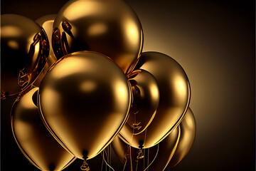 a group of golden balloons floating in midair for celebration backgrounds, generative AI
