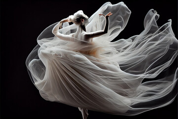 Graceful ballerina dancer wearing a gauzy dress jumping, generative AI