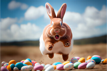 Joyful running easter bunny with colorful eggs, generative AI