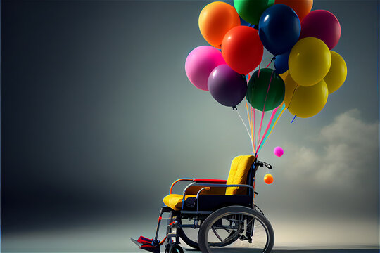 Colorful Balloons Attached To A Wheelchair In A Neutral Background, Generative AI