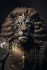 Anthropomorphic lion king in medieval armor, animal warrior portrait, against black background, art created by ai