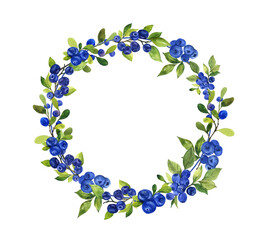 Watercolor hand drawing blueberries wreath. Watercolor hand drawing fruit blue wreath for sweet summer design