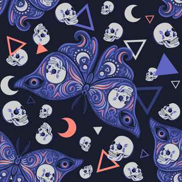 Seamless pattern with butterflies and skulls. Vector hand drawn art with alchemy theme