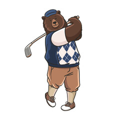 Grizzly bear playing golf, vector hand drawn art, character design
