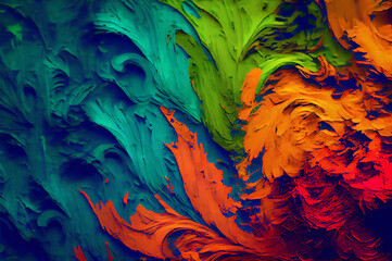 Thick impasto canvas texture in vibrant colors of orange, blue and green. Generative AI.