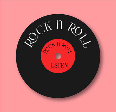 The vinyl record is black with a red center. The inscription is rock and Roll. To listen.Retro flat illustration