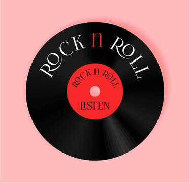 The vinyl record is black with a red center. The inscription is rock and Roll. To listen.Retro flat illustration