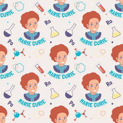 Marie Curie cartoon portrait with laboratory items, seamless pattern with hand drawn vector illustrations
