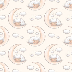 Sheep sleeping on the moon, seamless pattern with hand drawn illustrations
