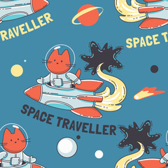 Cat space traveler, seamless pattern with hand drawn vector illustrations
