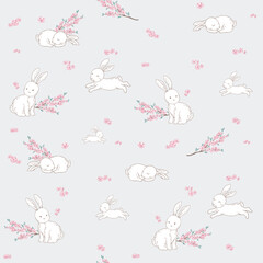 Naklejka na ściany i meble Bunny and Sakura blossom, seamless pattern with vector hand drawn illustrationS 