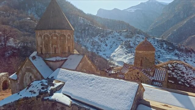 Drone View Of Georgian Orthodox Monastery Jvari In Mtskheta, Georgia. Rivers Mtkvari And Aragvi In Background. aerial arc shot