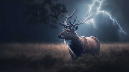 Illustration of a deer in the wood full of lightning strikes created with Generative AI Technology  