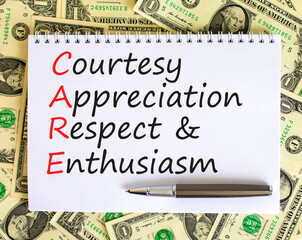 CARE symbol. Concept words CARE courtesy appreciation respect and enthusiasm on white note on...