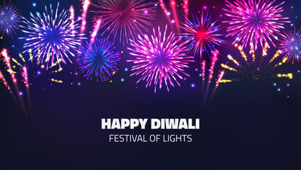 Fireworks background, happy diwali festive crackers and petards. Deepavali header or holiday card, indian greeting wallpaper. Colors in night. Abstract carnival sky. Vector banner template