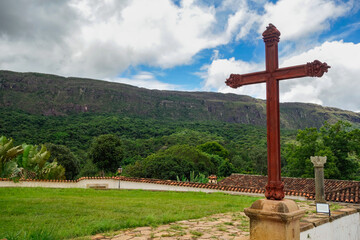 Fototapeta na wymiar christian cross overlooking the city of Tiradentes, in Minas Gerais, Brazil